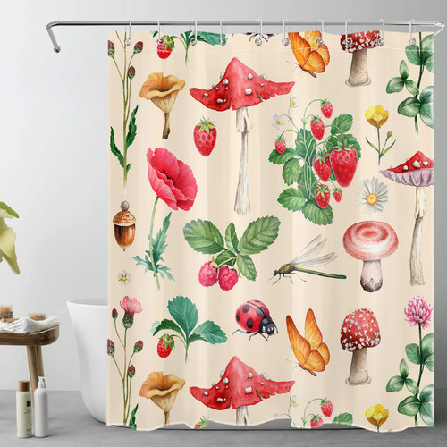 LB Floral and Strawberry Shower Curtain for Bathroom,Vintage Mushroom and Butterfly on Beige Fabric Shower Curtain with Hooks,Country Green Botanical Bathroom Curtain Shower Set, 60x72 inches