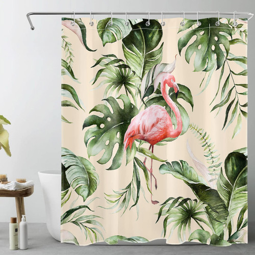 LB Tropical Green Leaf Shower Curtain for Bathroom,Pink Flamingo and Monstera Banana Leaves on Beige Fabric Shower Curtain with Hooks,Nature Plant Bathroom Curtain Shower Set, 60x72 inches