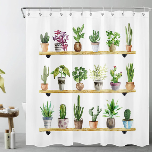 LB Tropical Green Plant Shower Curtain for Bathroom,Modern Potted Succulent Botanical Cactus Fabric Shower Curtain with Hooks,Spring Nature Bathroom Curtains Shower Set, 72x72 inches