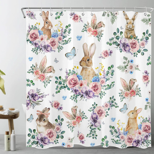Easter Rabbit Shower Curtain for Bathroom,Colorful Floral with Butterfly and Eucalyptus Leaf Green Botanical Fabric Shower Curtain with Hooks,Spring Rustic Bathroom Curtains Shower Set, 72x72 inches