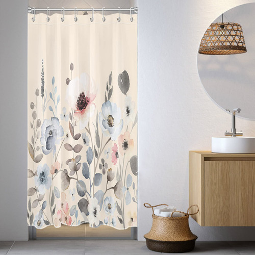 LB Vintage Floral Shower Curtain for Bathroom,Rustic Watercolor Plant Wildflower on Beige Fabric Shower Curtain with Hooks,Blue and Pink Bathroom Curtains Shower Set, 48x68 inches