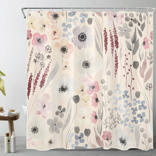 LB Pink Floral Shower Curtain for Bathroom,Rustic Wildflower Eucalyptus Leaf Plant on Beige Fabric Shower Curtain with Hooks,Nature Aesthetic Bathroom Curtain Shower Set, 72x72 inches