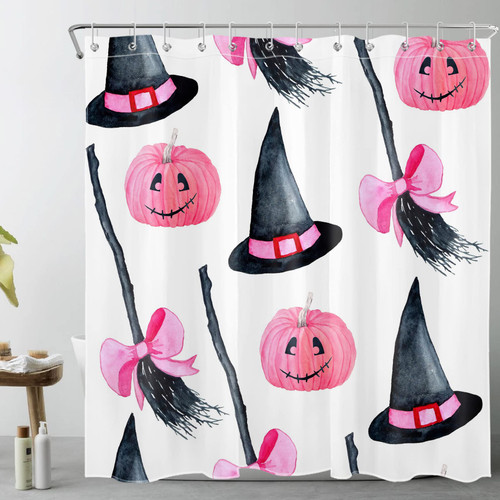 LB Pink Halloween Pumpkin Shower Curtain Decor,Black Magic Witch Hat and Broom on White Shower Curtain for Bathroom 72X72 inch Polyester Fabric Bathroom Decoration Bath Curtains Hooks Included LB Pink Halloween Pumpkin Shower Curtain Decor,Black Magic Witch Hat and Broom on White Shower Curtain for Bathroom 72X72 inch Polyester Fabric Bathroom Decoration Bath Curtains Hooks Included