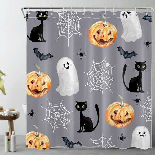LB Halloween Pumpkin Shower Curtain Decor, Funny Black Cat and Ghost Bat on Grey Shower Curtain for Bathroom 72X72 inch Polyester Fabric Bathroom Decoration Bath Curtains Hooks Included
