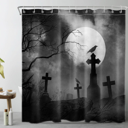 LB Scary Halloween Shower Curtain for Bathroom,Horror Graveyard with Crow Dead Tree Moon Fabric Shower Curtain with Hooks,Grey and Black Bathroom Curtain Shower Set, 72x72 inches