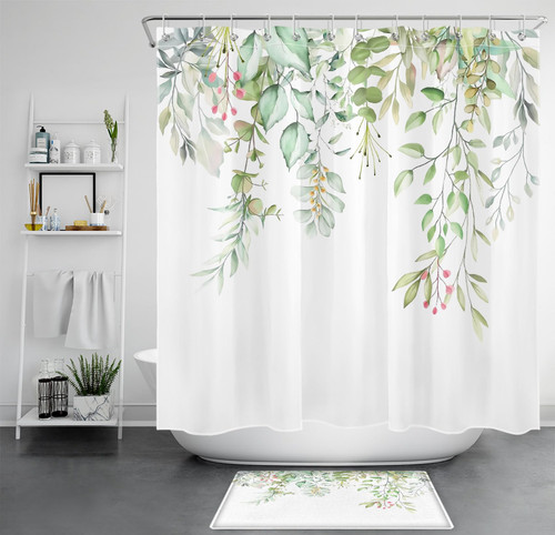 LB Watercolor Plant Shower Curtain Sets with Rugs Country Nature Sage Green Eucalyptus Leaf Fabric Shower Curtain with Hooks White Bathroom Curtains Shower Set, 72x72 inches