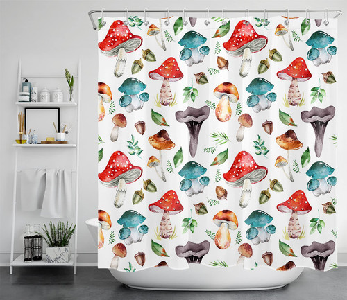 MEECI Retro Mushroom Shower Curtain for Bathroom, Colorful Mushrooms and Nature Plant Green Leaf on White Background Aesthetic Botanical Fabric Bathroom Decor Set with Shower Curtain Hooks, 72x72 Inch