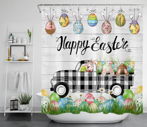 LB Happy Easter Shower Curtain for Bathroom, Easter Eggs and Funny Rabbit Bunny on Black and White Check Plaid Truck Shower Curtains, Spring Farmhouse Bathroom Curtains Set with Hooks, 72X79 Inches