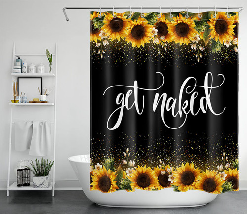 LB Funny Get Naked Sunflower Shower Curtain for Bathroom, Rustic Farmhouse Flowers Yellow Floral Sunflower Funny Quotes Get Naked Fabric Bathroom Decor Set with Shower Curtain Hooks, 60x72 Inch