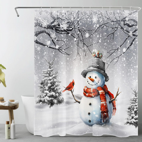 Winter Christmas Shower Curtain for Bathroom,Cute Snowman with Cardinals and Pine Tree on Snowfield Fabric Shower Curtain with Hooks,Forest Snow Scene Snowflake Bathroom Curtain Shower Set, 72x60 Inch