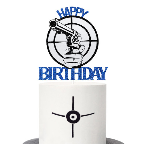 Gun Happy Birthday Cake Topper, Pistol Birthday Party Decorations, Men Boy Bday Dessert Supplies, Target Sign, Double-sided Glitter