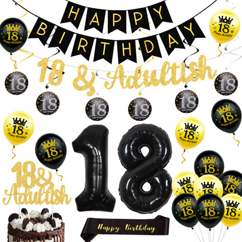 18th Birthday Party Decoration Black Gold Time to Adult 18th Birthday Decorations 18 and Adultish Cake Topper and Banner with 18th Birthday Hanging Swirls Happy Birthday Banner Sash for Boys Girls