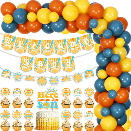 Kreatwow Here Comes the Son Baby Shower Decorations for Boys Here Comes the Son Balloon Banner Cake Toppers for Boho Sunshine Baby Shower Party You Are My Sunshine Here Comes the Son Party Supplies