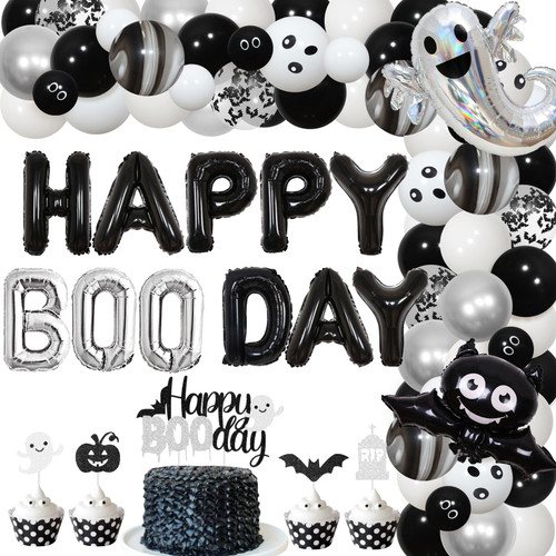 Wonmelody Black Silver Halloween Birthday Party Decorations Happy Boo Day Balloon Banner Halloween Balloon Garland Happy Boo Day Cake Toppers Ghost Balloons Bat Stickers for Halloween 1st 2nd Birthday