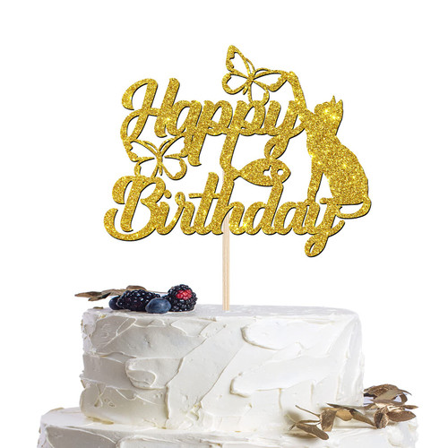 Happy Birthday Cake Topper with Cat, Baby Shower/Kid 's 1st 2nd 3rd Birthday Cake Decors, Happy Birthday Kitten Sign, Cartoon Theme Party Supplies for Boy or Girl, Gold