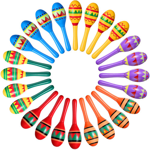 Civaner Mini Fiesta Wooden Maracas 6 Designs Noisemaker Party Decorations Mexican Cinco De Mayo Favors for Theme Carnival Props (12 Pcs)
