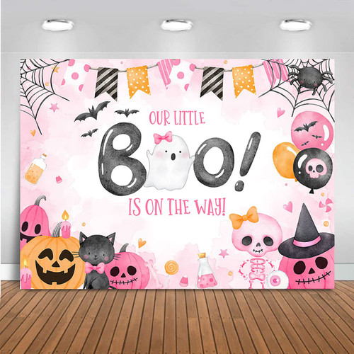 Mocsicka Halloween Boo Party Backdrop Girls Pink Pumpkin Ghost Bat Baby Shower Party Decorations Vinyl Our Little Boo is on The Way Cake Table Decorstions Photo Booth (Pink, 7x5ft)