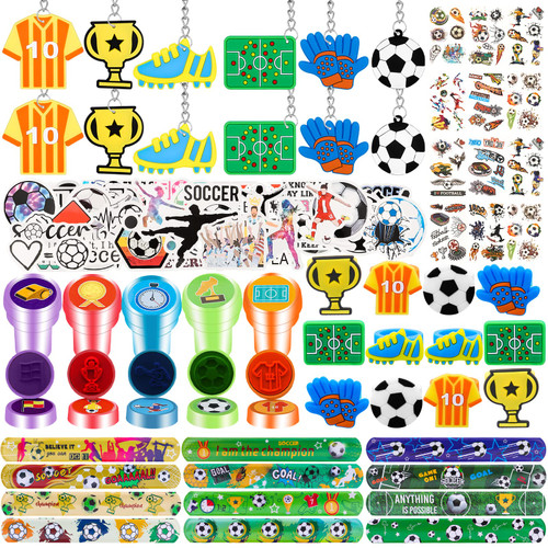 108Pcs Soccer Party Favors Soccer Stamps Slap Bracelets Keychains Rings Stickers Temporary Tattoos for Kids Birthday Party Supplies, Sports Party, Carnival Prizes, Prize Box Gift, Pinata Goodie Bag Fillers