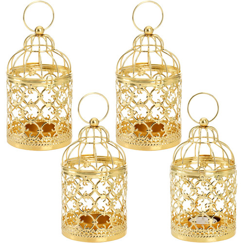 Coloch 4 Pack Gold Decorative Lantern Hanging Candle Holder, Vintage Small Metal Tealight Decorative Birdcage Candle Lantern Centerpieces for Wedding, Birthday, Party, Home Decoration