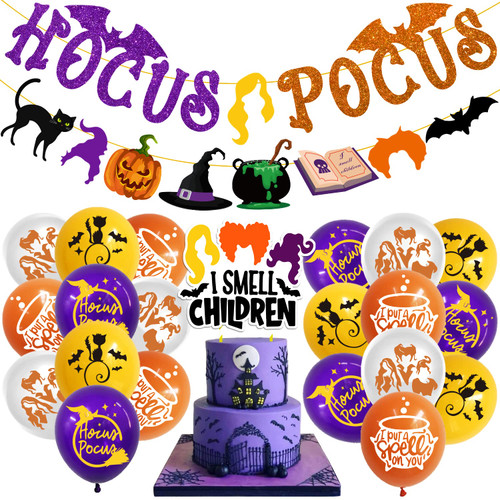 Hocus Pocus Party Supplies, Hocus Pocus Birthday Decorations with Hocus Pocus Banner, Balloons, I Smell Children Cake Topper, Hocus Pocus Party Decorations for Kids Halloween Hocus Pocus Party