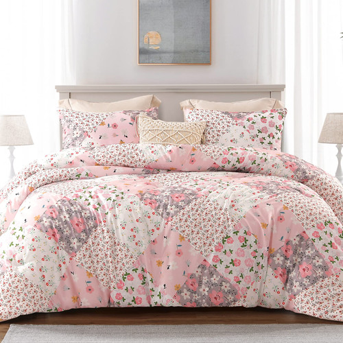 Whale Flotilla 3-Piece Queen Comforter Set, Soft Reversible Full Size Bedding Comforter Sets, Patchwork Printed Down Alternative Comforter Duvet for All Seasons, Pink