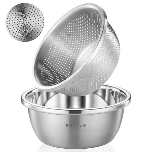 POPGRADE 304 Stainless Steel Colander Rice Washing Bowl Set, Colanders & Food Strainers, Rice Strainer Washer Fruit Cleaner Bowl, Vegetable Fruit Washing Colander with Salad Mixing Bowl POPGRADE 304 Stainless Steel Colander Rice Washing Bowl Set, Colanders & Food Strainers, Rice Strainer Washer Fruit Cleaner Bowl, Vegetable Fruit Washing Colander with Salad Mixing Bowl