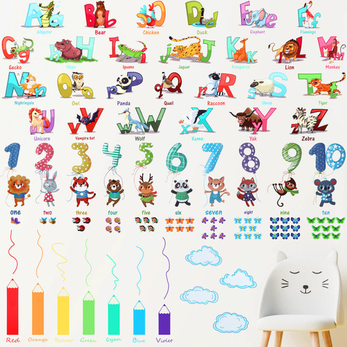 3 Sheets Animal Alphabet Numbers Stickers ABC Alphabet Wall Sticker Learning Educational Wall Decals Peel and Stick Removable Wall Decors for Kids Bedroom Living Room Nursery Classroom Decorations