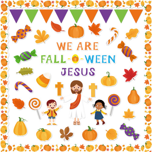 CPicdn 131Pcs Fall Halloween FALLOWEEN Bulletin Board Classroom Decoration Set Autumn Pumpkin Candy Cutouts Christian Jesus Sunday School Decorations Halloween Party Supplies for Classroom Wall Decor