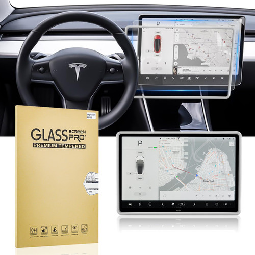 CusDusk Tesla Model 3 Model Y Screen Protector Kits,Tempered Glass Screen Protector with Silicone Protective Cover Center Console Accessories Tesla Model 3/Y Frame(White)