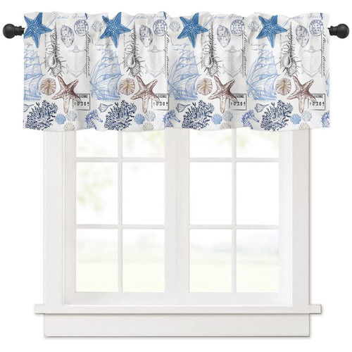 Yun Nist Coastal Curtain Valance for Windows,Nautical Starfish Blue Seaweed Window Toppers Valances,Underwater World Pocket Window Treatment Short Curtains for Kitchen Bathroom Bedroom 42x12in