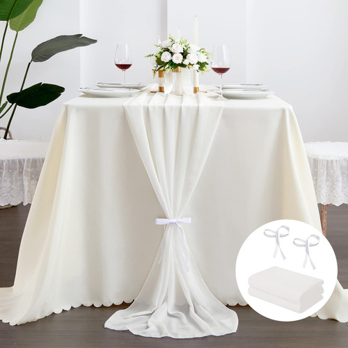 2 Pack White Chiffon Table Runner 10Ft Wedding Table Runner 29x120 Inches Sheer Romantic Tulle Table Runner for Wedding Decor Bridal Shower Baby Shower Birthday Party Cake Table Decoration