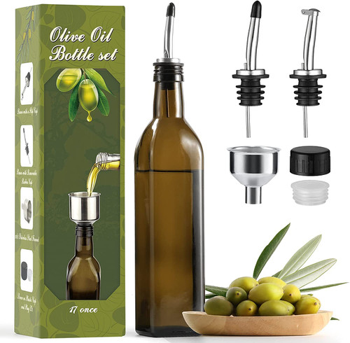 AOZITA 17oz Glass Olive Oil Dispenser Bottle - 500ml Oil & Vinegar Cruet with Pourers and Funnel - Olive Oil Carafe Decanter for Kitchen, Brown AOZITA 17oz Glass Olive Oil Dispenser Bottle - 500ml Oil & Vinegar Cruet with Pourers and Funnel - Olive Oil Carafe Decanter for Kitchen, Brown