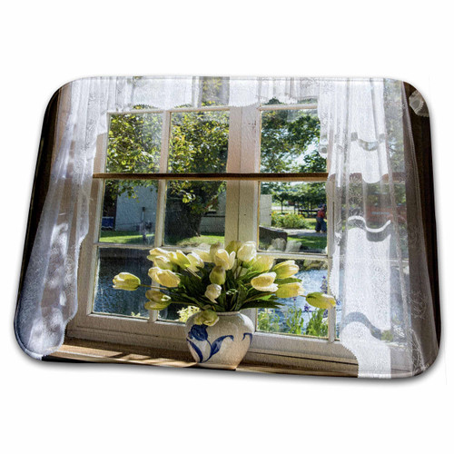 3dRose Window with lace curtain and tulips, Holland, Michigan,... - Dish Drying Mats (ddm-206505-1)
