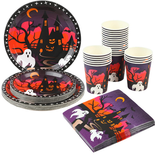 DERAYEE Halloween Party Supplies Tableware, 96 Pcs Disposable Dinnerware Set Paper Plates Napkins Cups Halloween Ghost House Themed Tableware for Halloween Party Decorations Serve 24 Guests DERAYEE Halloween Party Supplies Tableware, 96 Pcs Disposable Dinnerware Set Paper Plates Napkins Cups Halloween Ghost House Themed Tableware for Halloween Party Decorations Serve 24 Guests