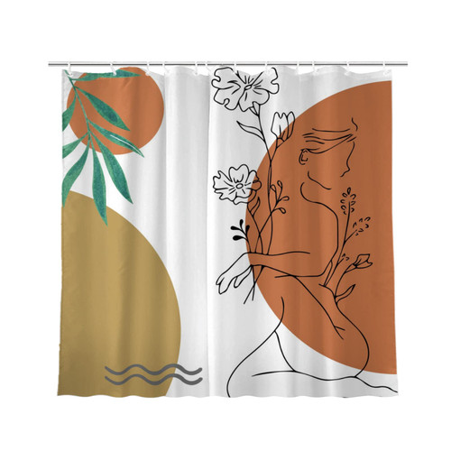 DLATY Modern Abstract Mid Century Shower Curtain for Bathroom, Boho Minimalist Woman Line Art Green Leaves Shower Curtain Set Waterproof Fabric Bathtub Curtain Decor with 12 Hooks, 72x72 inches