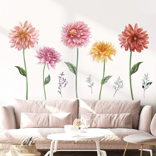 decalmile Garden Flower Wall Decals Dahlia Blossom Floral Wall Stickers Bedroom Living Room Sofa TV Background Wall Decor