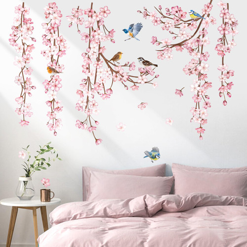 decalmile Cherry Blossom Flower Vine Wall Decals Hanging Floral Tree Branch Birds Wall Stickers Living Room Bedroom Office Wall Decor