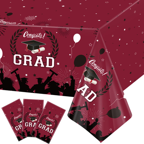 Irenare 3 Pcs Graduation Tablecloths Party Decoration, 54" x 108" Class of 2023 Congrats Grad Tablecloth, Waterproof Disposable Rectangle Plastic Table Cover for College High School (Red)