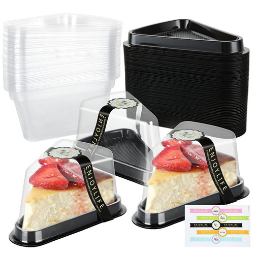 100 Pcs Cake Slice Containers with Lids Plastic Disposable Individual Pie Slice Containers Clear Cheesecake Containers Triangle Cake Boxes for Pie Slice Cheesecake Dessert - To Go, with Stickers
