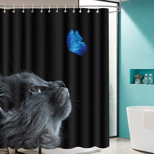 APROPHIC Black Shower Curtains Cute Cat Shower Curtain for Bathroom Blue Butterfly Shower Curtain Waterproof Fabric Polyester Bath Curtain Funny Animal Bathtub Curtain with 12 Hooks 72 * 72 inch