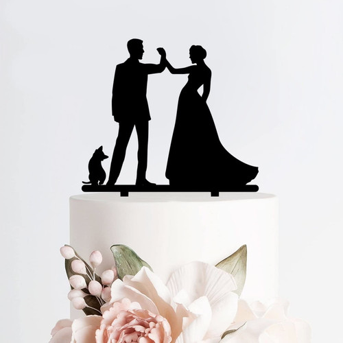 Acrylic Personalized Wedding Cake Toppers Bride And Groom with Dog Black Silhouette Cake Topper Figures Cake Decoration Party Supplies for Wedding Top Engagement Anniversary