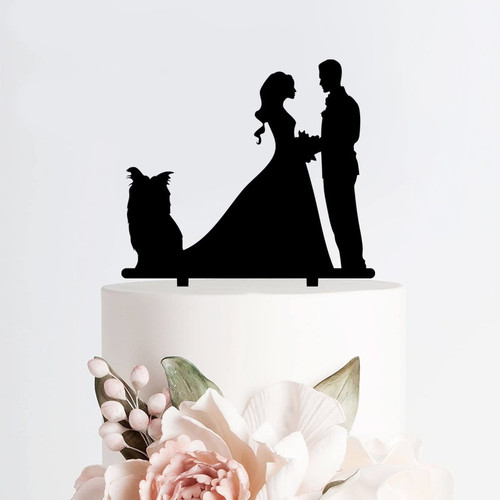 Acrylic Personalized Wedding Cake Toppers Bride And Groom with Dog Black Silhouette Cake Topper Figures Cursive Cake Decoration Topper for Wedding Top Engagement Anniversary_107