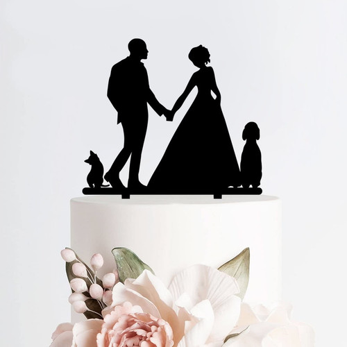 Acrylic Personalized Wedding Cake Toppers Bride And Groom with Dog Black Silhouette Cake Topper Figurines Customize Your Own Cake Topper for Wedding Top Engagement Anniversary
