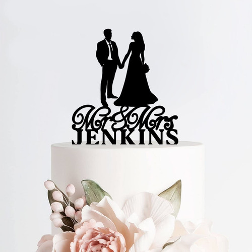 Acrylic Personalized Wedding Cake Toppers Bride And Groom Custom Mr & Mrs Black Silhouette Cake Topper Romance Cake Decoration Party Supplies for Bridal Shower Engagement Anniversary_412