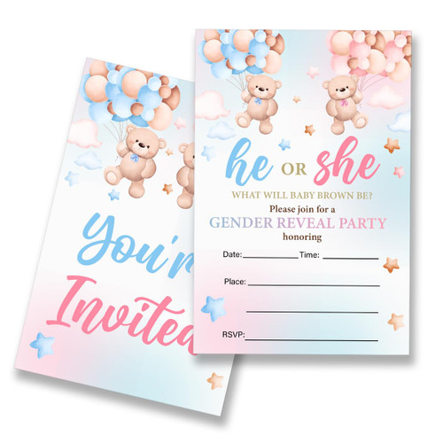EUDOSI Boho Bear Gender Reveal Invitations Supplies Fill-In Set of 20 with Envelopes Gender Reveal Party Invites Cards, Double Sided