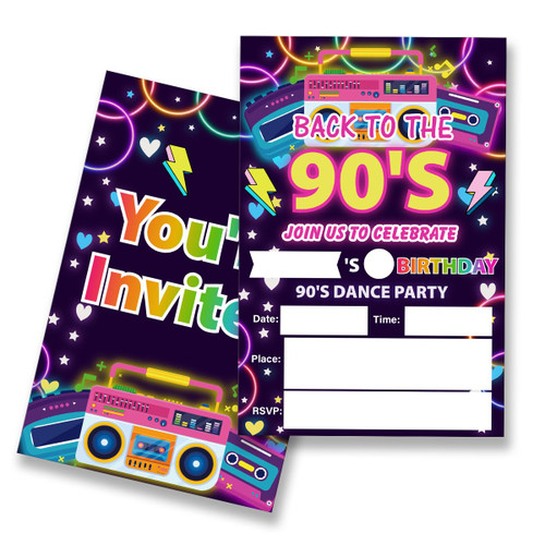 EUDOSI Back to the 90's Birthday Party Invitations Supplies Fill-In Set of 20 with Envelopes Retro 1990s Dance Birthday Bash Invites Cards, Double Sided EUDOSI Back to the 90's Birthday Party Invitations Supplies Fill-In Set of 20 with Envelopes Retro 1990s Dance Birthday Bash Invites Cards, Double Sided