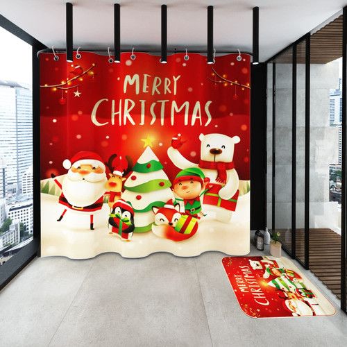 Christmas Shower Curtain Set with Non-Slip Rugs, Xmas Bathroom Mat Decoration, Christmas Bathroom Sets with Waterproof Shower Curtain Decor with 12 Hooks, Washable, 72"x72"(Christmas Family and Tree)