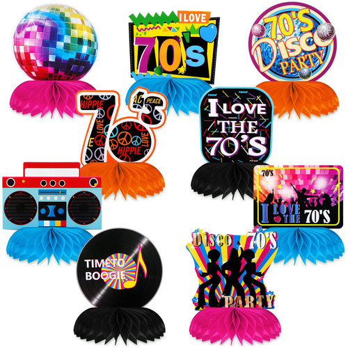 9 Pcs 70s Party Decorations Back to 70s Honeycomb Centerpieces Colorful Disco Party Favors 70's Boogie Centerpieces Disco Cake Topper for 70s Theme Birthday Music Party Decorations Retro Table Decor