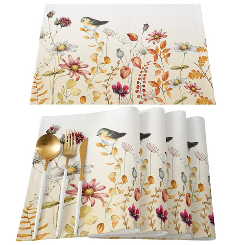 Thanksgiving Flower Floral Placemats Set of 6 Fall Plant Leaves Placemat,Washable Autumn Farmhouse Table Mats Set,Thanksgiving Bird Table Placemats for Kitchen Dining Table Harvest Holiday Party Decor