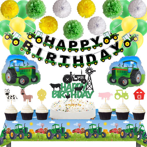 Farm Green Tractor Birthday Party Decoration, Farm Tractor Party Supplies Include Tractor Cake Cupcake Topper, Farm Green Tractor Tablecloth, Farm Barn Tractor Balloon for Kid Boy